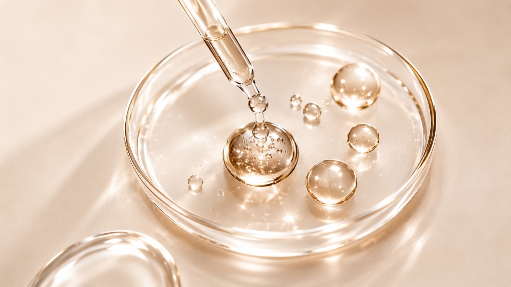 Pipette dropper and glowing serum active droplets in petri dish